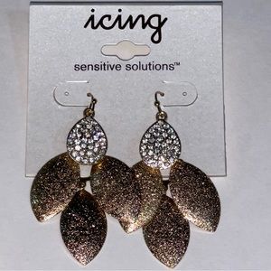 Icing Rhinestone & Gold Leaf Dangle Earrings. Length 2.5”